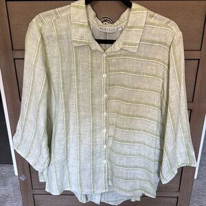 Habitat Contrast Striped Linen Button Front Blouse Top Womens L Lagenlook Beach